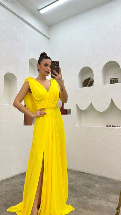 Yellow Drape Detail Chiffon Evening Dress