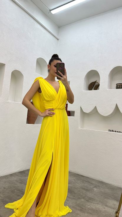 Yellow Drape Detail Chiffon Evening Dress