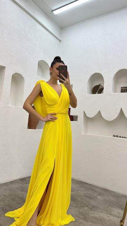 Yellow Drape Detail Chiffon Evening Dress