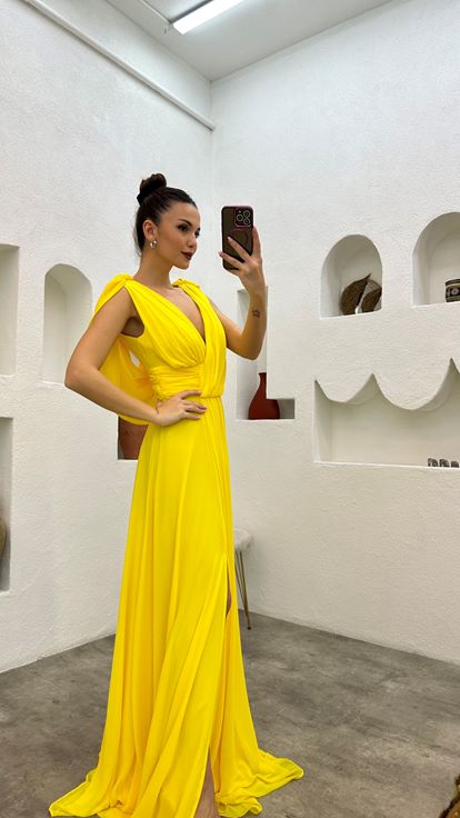 Yellow Drape Detail Chiffon Evening Dress