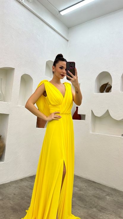 Yellow Drape Detail Chiffon Evening Dress