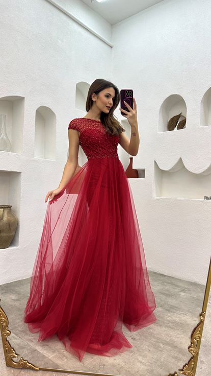 Robe De Soiree En Tulle Brode D une Epaule Rouge