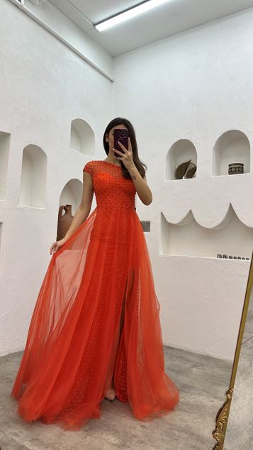 Orange Une épaule brodée Tulle Robe de soirée