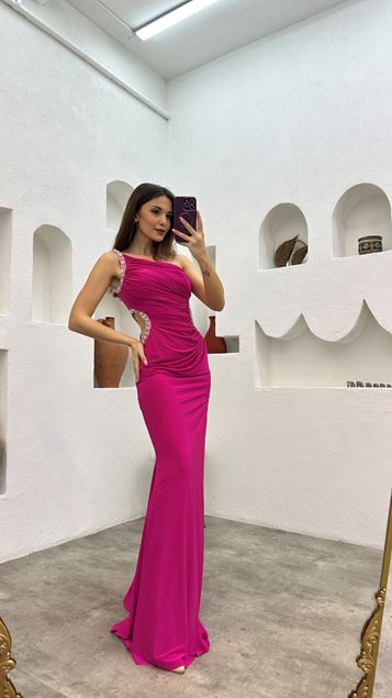 Fuchsia Waist Embroidered Detail One Shoulder Satin Evening Dress