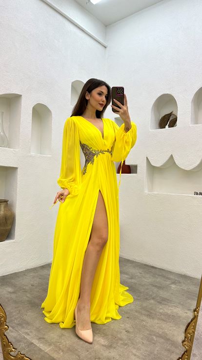 Yellow Waist Motif Embroidered Detail Pleated Chiffon Evening Dress