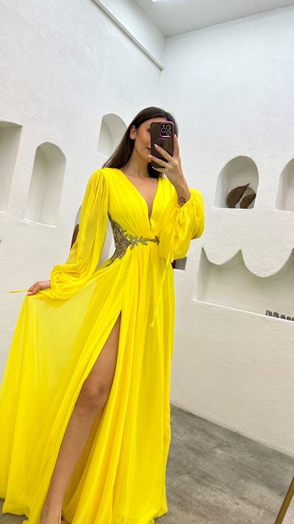 Yellow Waist Motif Embroidered Detail Pleated Chiffon Evening Dress