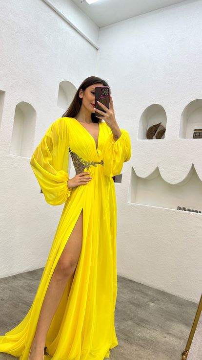 Yellow Waist Motif Embroidered Detail Pleated Chiffon Evening Dress