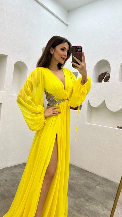 Yellow Waist Motif Embroidered Detail Pleated Chiffon Evening Dress