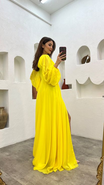 Yellow Waist Motif Embroidered Detail Pleated Chiffon Evening Dress