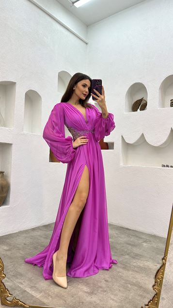 Fuchsia Waist Motif Embroidered Detail Pleated Chiffon Evening Dress