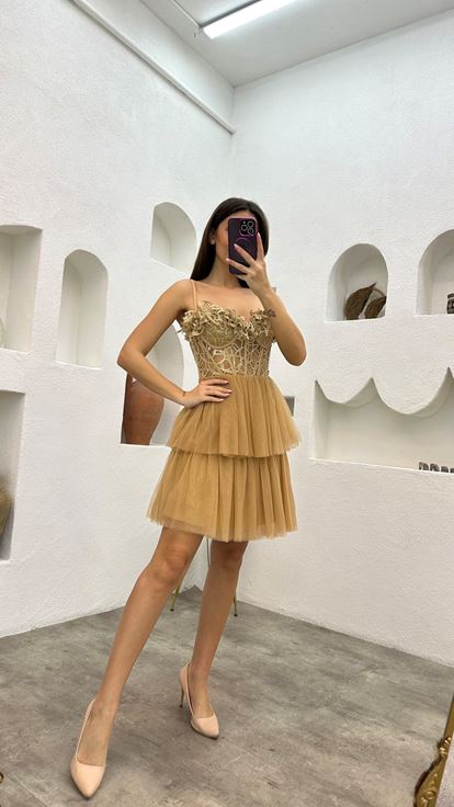 Beige Rope Strap Guipure Detail Tulle Evening Dress