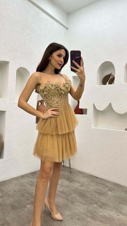 Beige Rope Strap Guipure Detail Tulle Evening Dress
