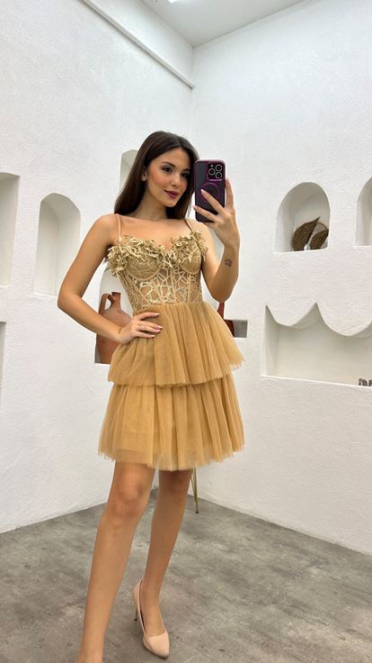 Beige Rope Strap Guipure Detail Tulle Evening Dress
