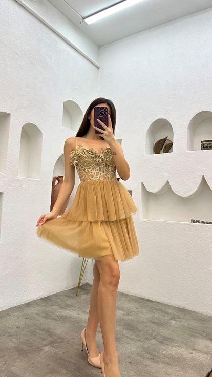 Beige Rope Strap Guipure Detail Tulle Evening Dress