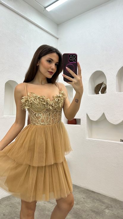 Beige Rope Strap Guipure Detail Tulle Evening Dress