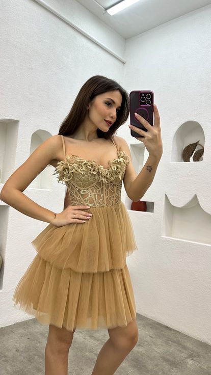 Beige Rope Strap Guipure Detail Tulle Evening Dress