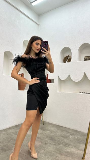 Black Feather Detail Pleated Satin Evening Dress