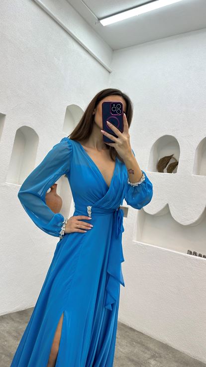 Blue Waist Brooch Detail Chiffon Evening Dress