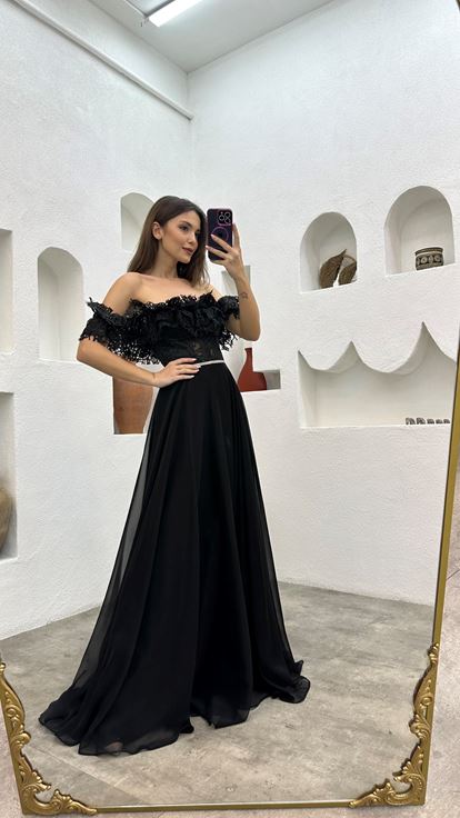 Black Waist Patterned Guipure Satin Evening Dress