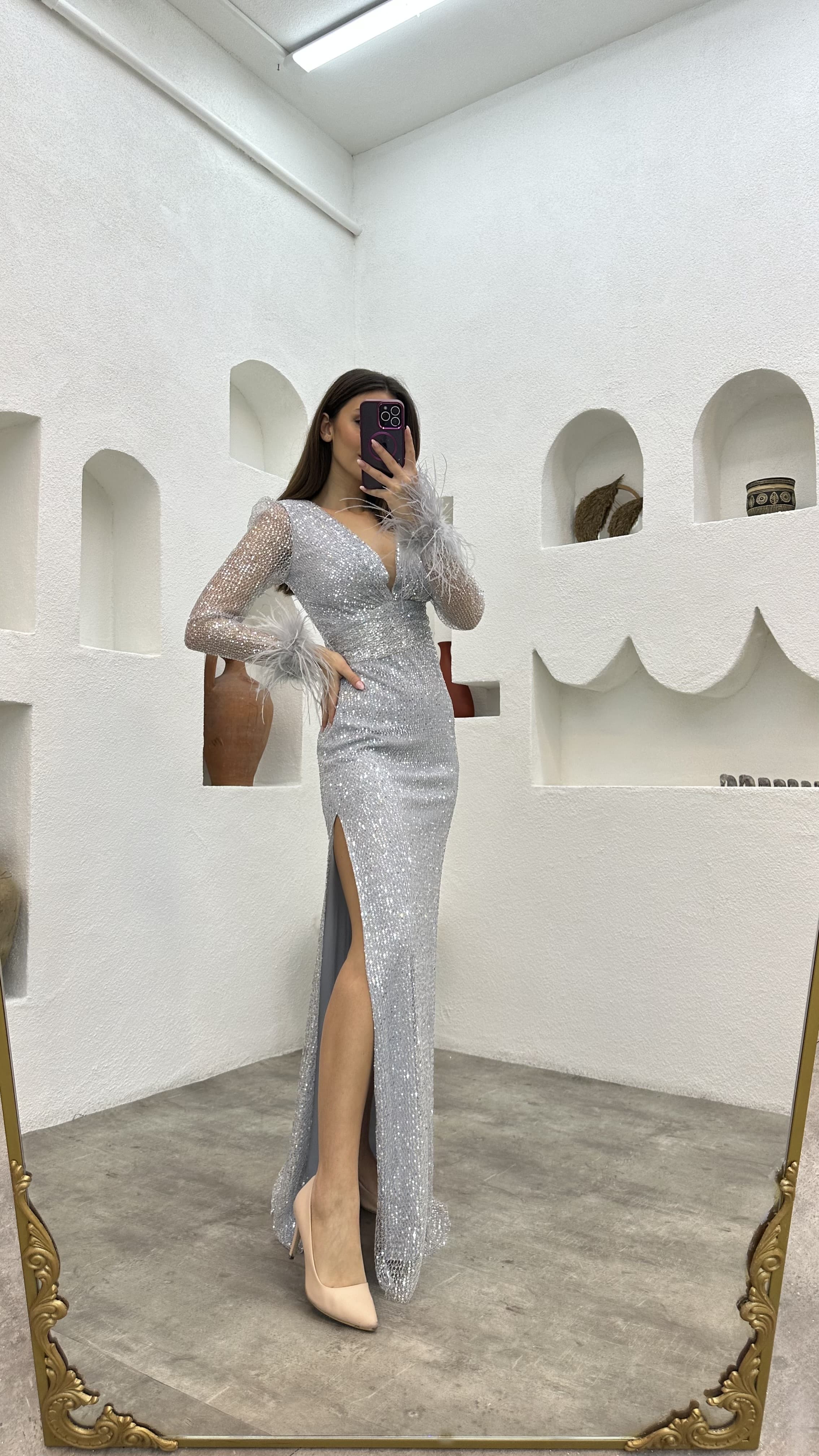 slim fit dress slacks Luxury Grey Beaded Mermaid Formal Dress with Feather Shawl main image 0