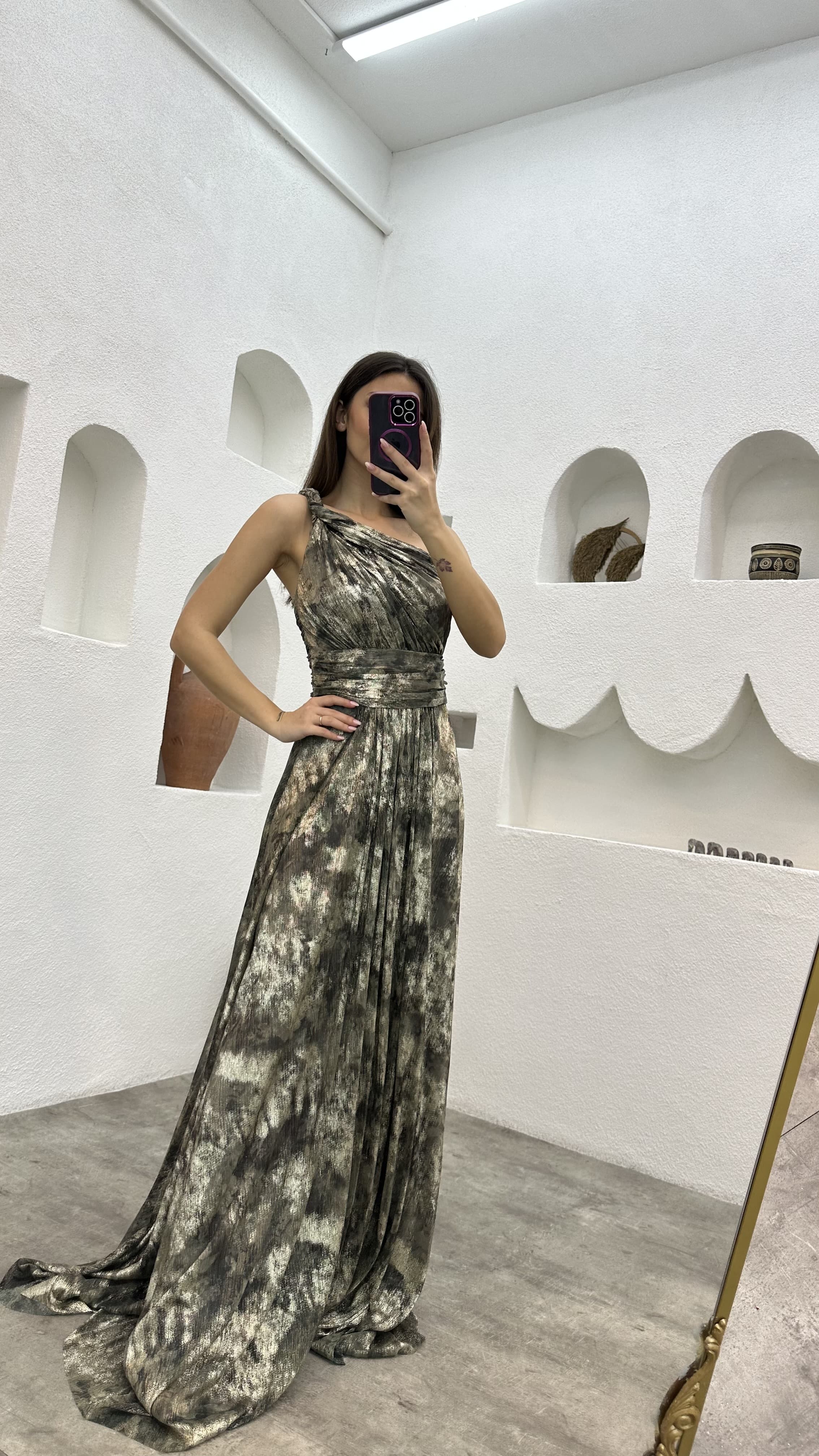 Gray One Shoulder Patterned Draped Detail Evening Dress