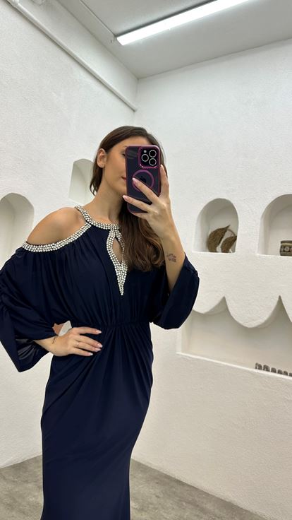 Marineblaues  besticktes  gerafftes Satin Abendkleid