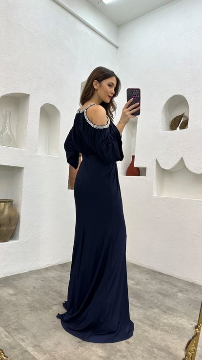 Marineblaues  besticktes  gerafftes Satin Abendkleid