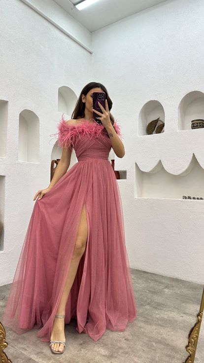 Pembe Tüy Detay Drapeli Simli Tül Abiye Elbise