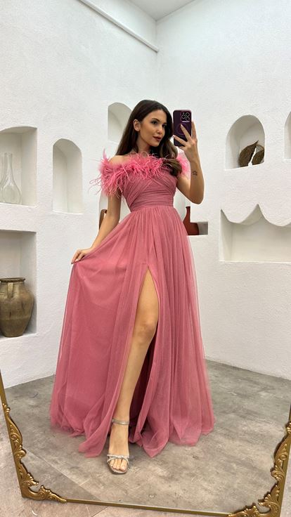 Pembe Tüy Detay Drapeli Simli Tül Abiye Elbise