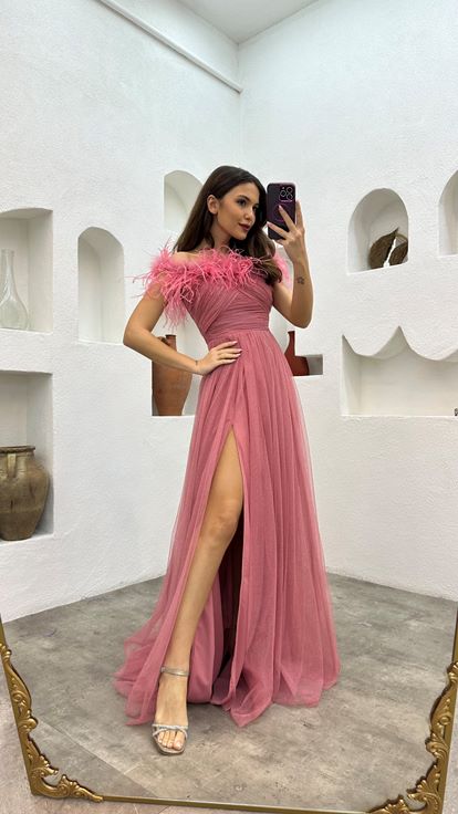 Pembe Tüy Detay Drapeli Simli Tül Abiye Elbise