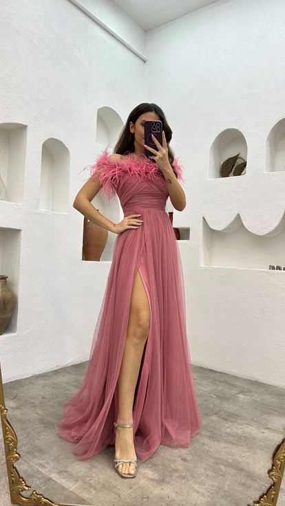 Pembe Tüy Detay Drapeli Simli Tül Abiye Elbise