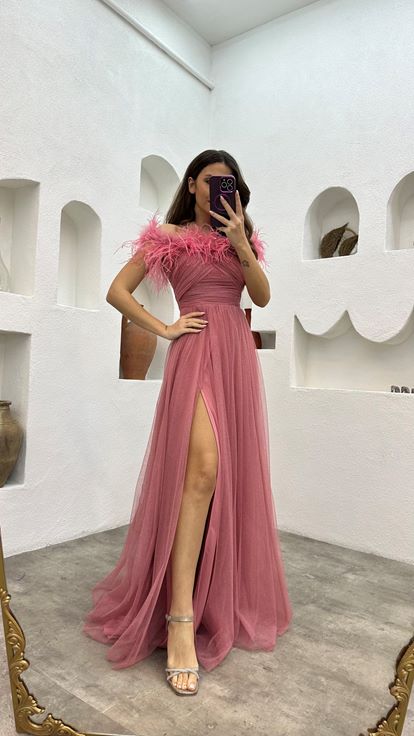 Pembe Tüy Detay Drapeli Simli Tül Abiye Elbise