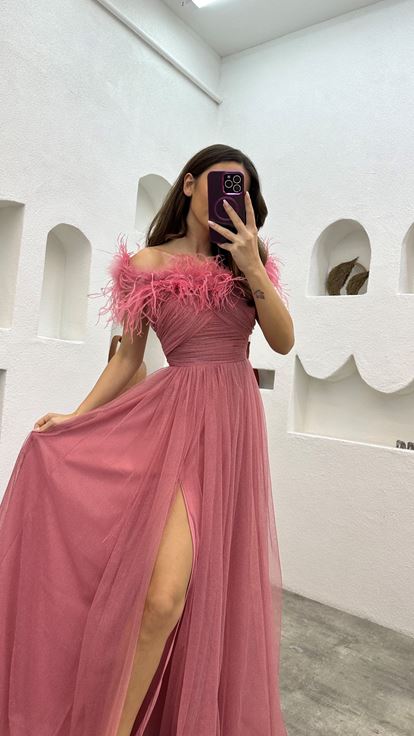 Pembe Tüy Detay Drapeli Simli Tül Abiye Elbise