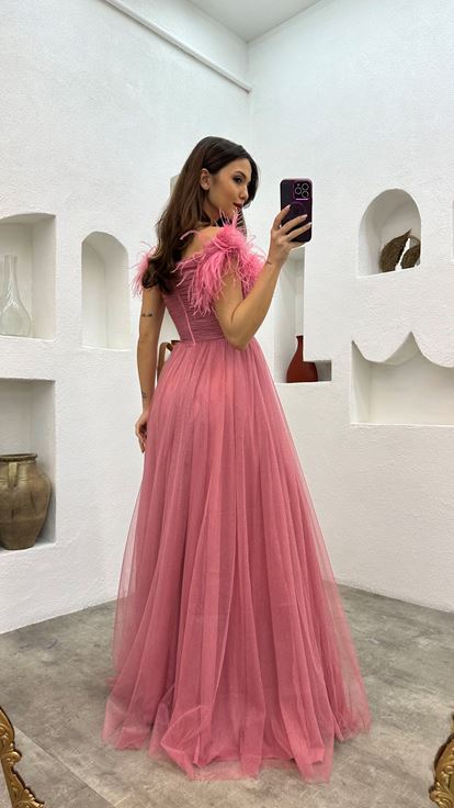 Pembe Tüy Detay Drapeli Simli Tül Abiye Elbise