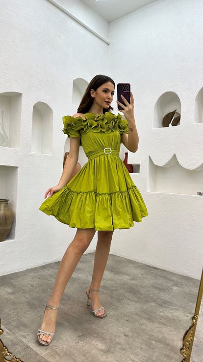 Green Volan Detail Belted Evening Dress