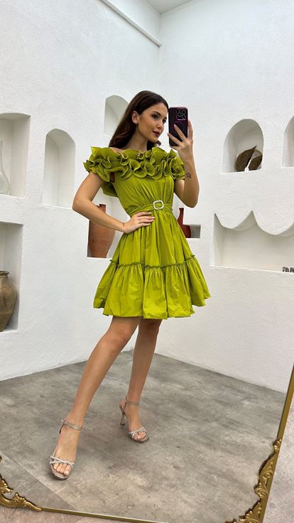 Green Volan Detail Belted Evening Dress