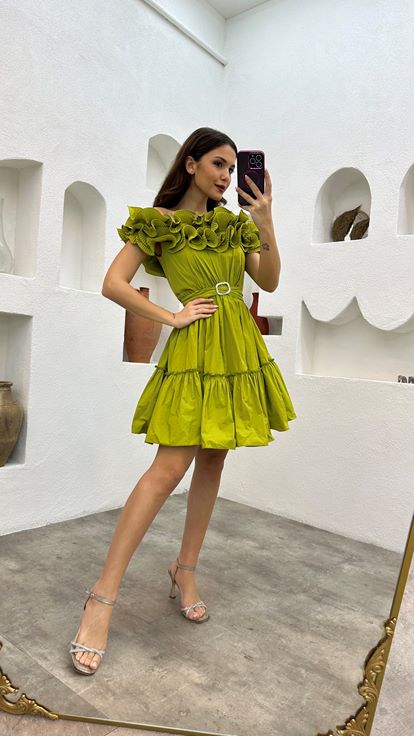 Green Volan Detail Belted Evening Dress