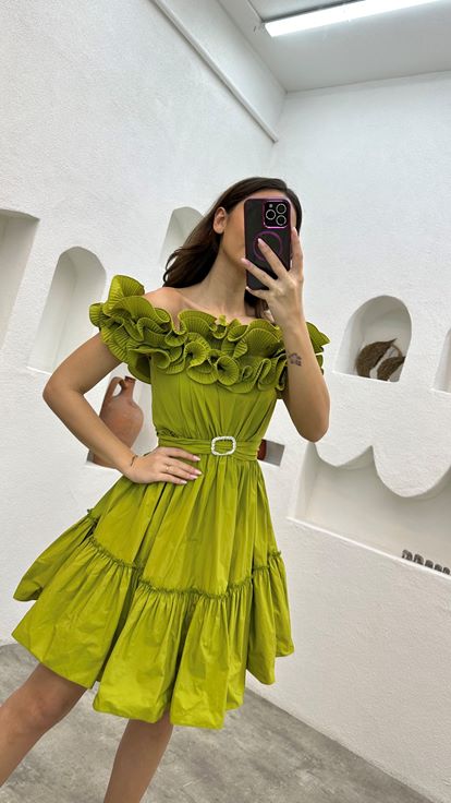 Green Volan Detail Belted Evening Dress