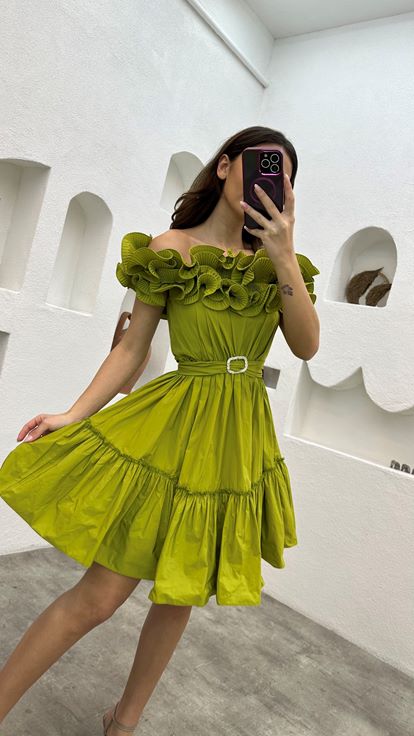 Green Volan Detail Belted Evening Dress