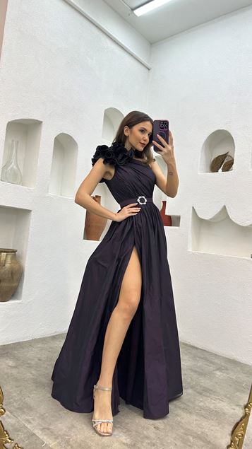 Purple One Shoulder Volan Detail Belted Evening Dress