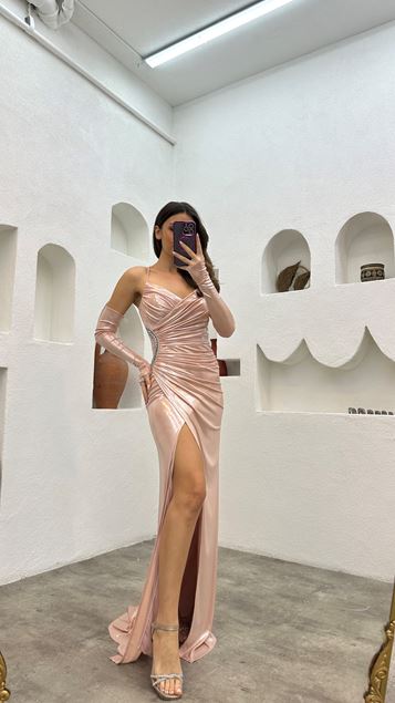 Powder Rope Strap Waist Embroidered Detail Satin Evening Dress