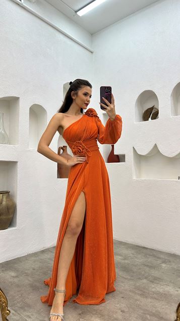 Orange Single Sleeve Floral Detail Silvery Evening Dress