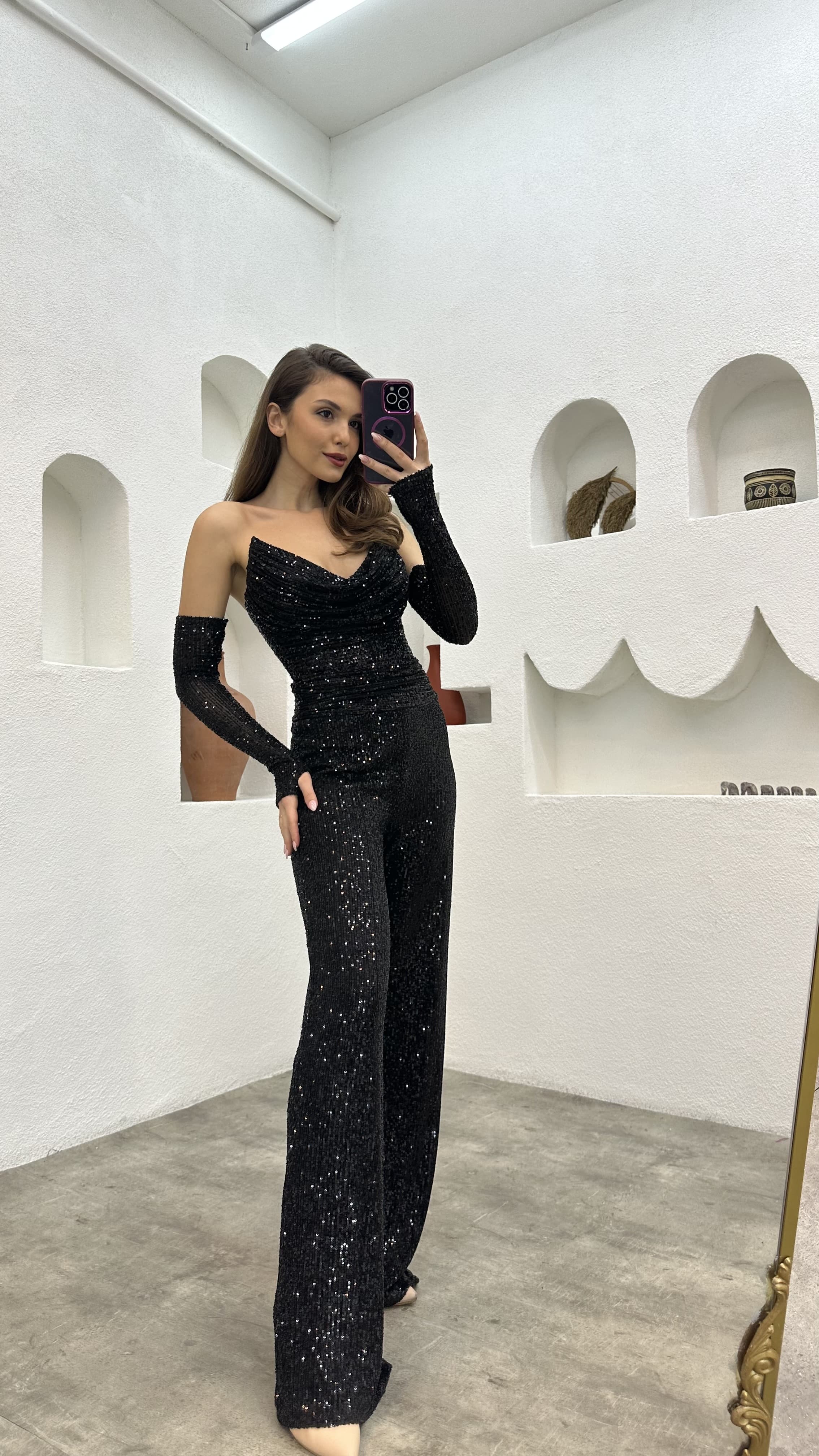 Black Strapless Sleeve Detail Sequined Jumpsuit