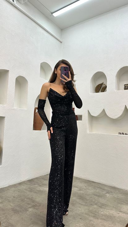 Black Strapless Sleeve Detail Sequined Jumpsuit