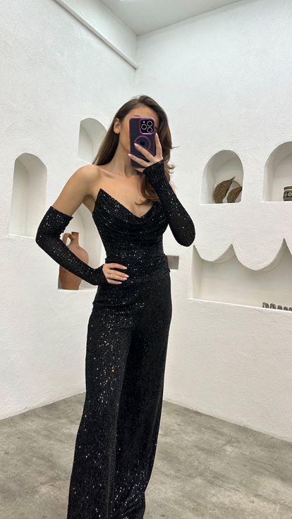Black Strapless Sleeve Detail Sequined Jumpsuit