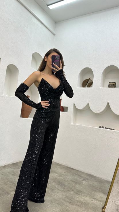 Black Strapless Sleeve Detail Sequined Jumpsuit