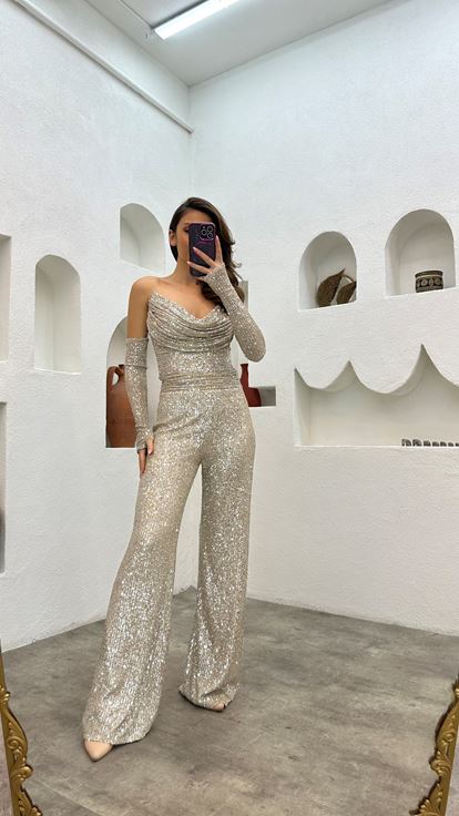 Cream Strapless Sleeve Detail Sequin Sequin Jumpsuit