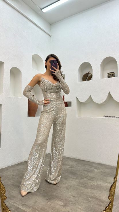 Cream Strapless Sleeve Detail Sequin Sequin Jumpsuit