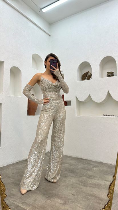 Cream Strapless Sleeve Detail Sequin Sequin Jumpsuit