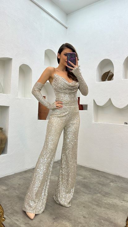 Cream Strapless Sleeve Detail Sequin Sequin Jumpsuit